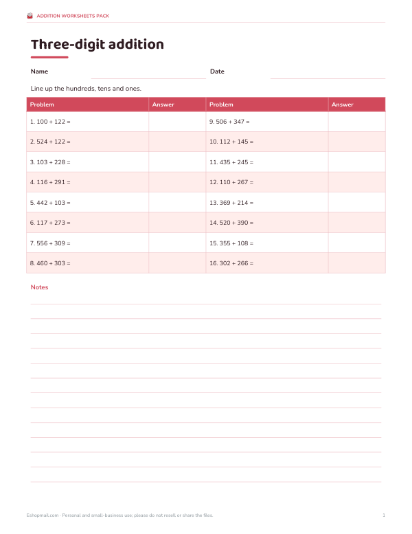 Preview of Printable 3-Digit Addition Worksheets