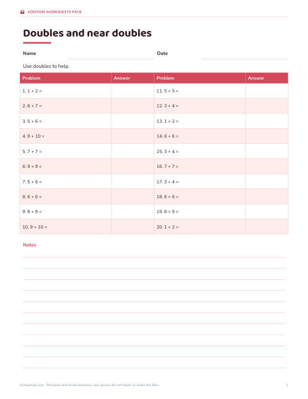Preview of Doubles and Near Doubles Worksheet