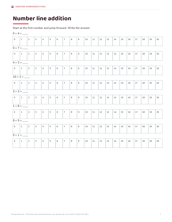 Preview of Printable Number Line Addition Worksheet