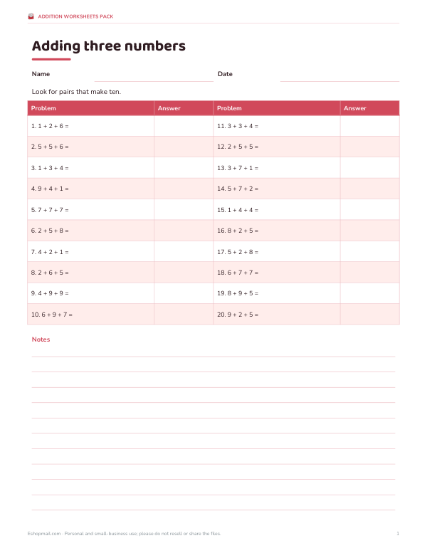 Preview of Printable Three Addends Addition Worksheets