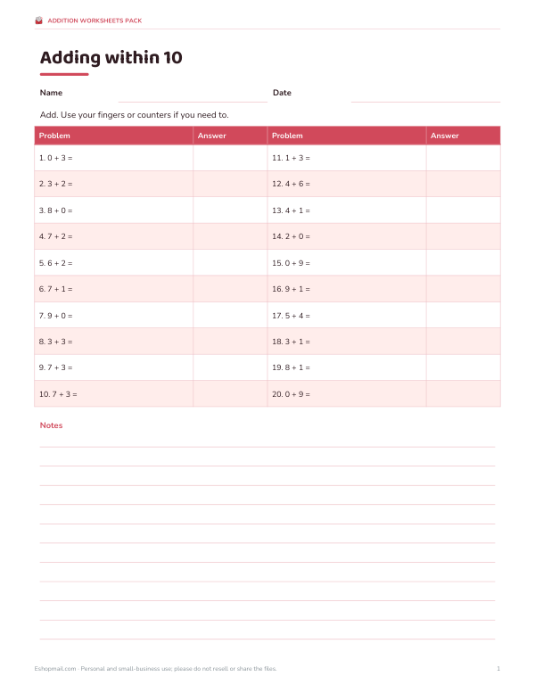 Preview of Within 10 Addition Worksheets
