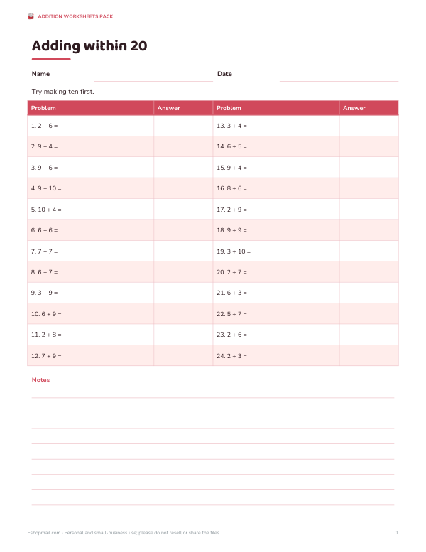Preview of Within 20 Addition Worksheet