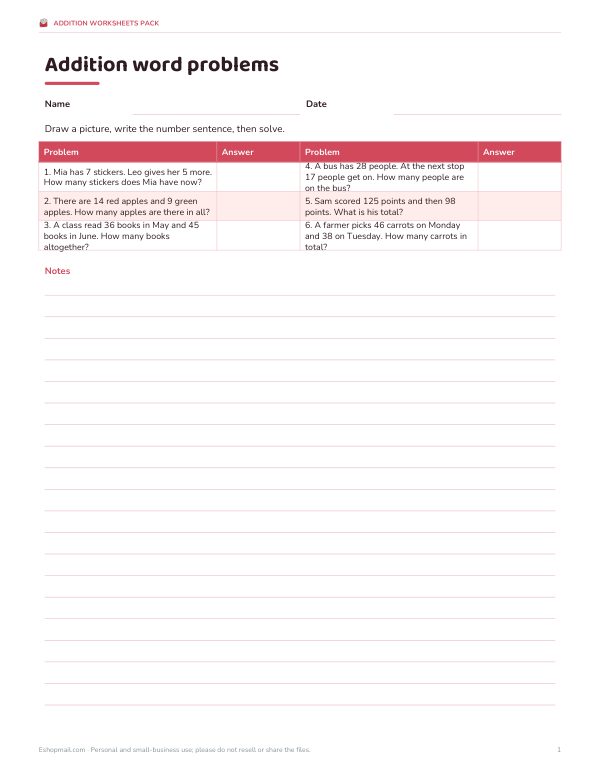 Preview of Printable Addition Word Problems